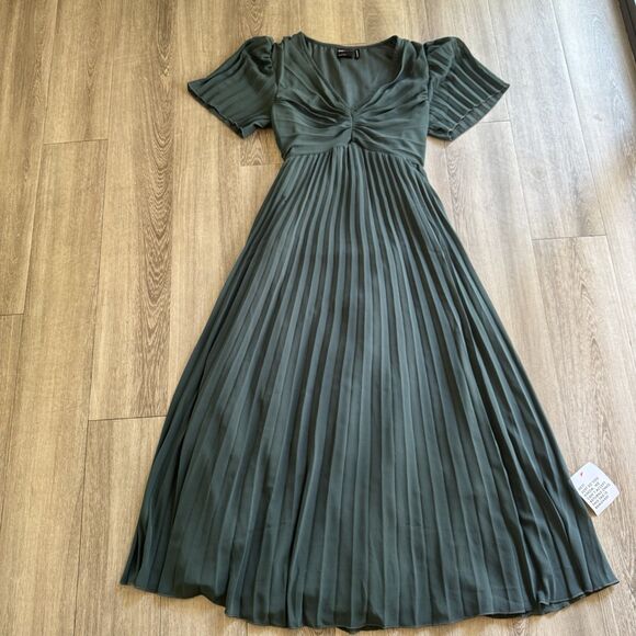 New ASOS Pleated Bodice Flutter Sleeve Pleated Dress Pine Green Fairycore Sz.4 - Picture 2 of 16